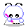 Pixelated character with white head, black eyes, and antennae holding a pink object against gray background.