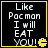 Four identical display pixelated text and a Pac-Man icon on black backgrounds with yellow borders