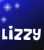 Blue background with four white star-like shapes; text 'Lizzy' in large white letters below stars.
