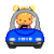 Pixel art animation of a blonde doll driving a blue car with gray roof, showing two frames where the front text changes from 'DOLLZ' to a white triangle symbol.