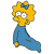 Pixelated character with yellow hair and blue dress, standing in profile view facing left.