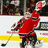 Pixelated hockey player in red jersey holding stick on ice rink with text overlays.