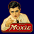 A pixelated buddy icon featuring a person in a white shirt with a red banner reading "Moxie" on the left and green text "Original Icons .com" on the right against dark blue and green backgrounds.