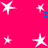 A bright pink background features multiple white star shapes and blue text characters arranged in a -like pattern