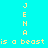 Four quadrants display vertical text 'JENA' and horizontal text 'is a beast' in yellow pixelated font against cyan, blue-gray, pink, and light blue backgrounds.
