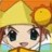 Pixelated character with large dark eyes, yellow helmet, and brown hair against orange background