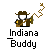 Pixel art buddy icon featuring a character resembling Indiana Jones with a whip, displayed in two identical frames on a gray background with promotional text for "badassbuddy.com".