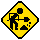 Yellow diamond-shaped warning signs with black silhouettes of a person shoveling dirt, each sign showing a different frame of the shoveling motion.