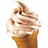 Pixelated image of a soft-serve ice cream cone with light brown swirls and dark chocolate drizzle on top, served in a golden-brown waffle cone.