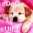 Pixelated image of a light-colored puppy with brown ears and black nose against pink background, featuring partial white text above and below.