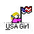 Pixel art of a blonde girl in pink holding an American flag, with 'USA Girl' text below on gray background.