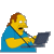 Pixelated cartoon character with yellow skin and brown hair wearing blue shirt, sitting at laptop computer on gray background.