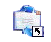 Four variations of a blue and white icon with a black arrow symbol, showing different orientations of the main shape against a gray background.
