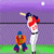 Pixelated baseball scene with two players in red-and-white uniforms swinging bats, two crouching players in orange-and-blue gear, and a white ball in a purple sky over green field.
