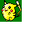 Yellow pixelated creature with red cheeks and black-tipped tail on green background, first frame showing side view, second frame showing front view.