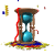 Animated hourglass with blue sand, brown wooden frame, red ribbon tied around middle, base on multicolored grass-like pattern.