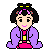 Pixel art character in purple robe with pink and yellow accents, seated cross-legged on gray background, showing multiple facial expressions.
