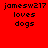 Red background with black pixelated text 'jamesw217 loves dogs' in four quadrants, two showing a white radial glow effect.