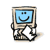 Animated cartoon computer with blue screen displaying smiling face, holding paper in various poses across frames.