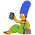 Pixelated character with blue beehive hair, yellow skin, green dress, red collar, holding a dark object while seated.