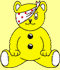 Yellow teddy bear with red polka-dot bandage on head, seated in various poses across three showing front, side, and back views