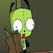 Static 75x75 pixel buddy icon featuring a green cartoon alien with large white eyes, black antennae, and red mouth holding a brown object against dark background.