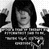 Black-and-white pixelated image of a person with long dark hair raising both hands, overlaid with text about therapy and a psychiatrist's advice.