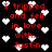 Black background with red text reading "I tripped and fell in love with... Justin" surrounded by white pixelated hearts, animated heart shapes shift positions.