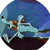 Animated cartoon dog in blue-gray tones with red hat, performing sequential running and crouching poses against dark background.