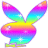 Three rainbow-colored bunny head silhouettes with gradient fills and white sparkles on a gray background.
