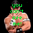 A muscular shirtless man wearing a black cap and silver armbands holds a white and black object, with green pixelated text reading "you can't see me!" overlaid on the left side.