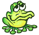 Animated green frog with yellow belly, wide eyes, and webbed feet in various expressions including open mouth, tongue out, and closed eyes.