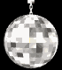 A silver disco ball with reflective mirror facets rotates against a black background, suspended by a metallic chain.