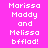 Pixelated text displays 'Marissa Maddy and Melissa bfflad!' across four color backgrounds: bright pink, dark purple, brown, and magenta.
