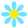 Two pixelated blue flowers with yellow centers on a gray background, each with eight petals and white outlines.