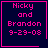 Four identical dark blue square with pink text reading "Nicky and Brandon 9-29-08" each contain a distinct small symbol in the bottom-right corner