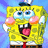 Pixelated yellow sponge character with blue eyes, pink cheeks, and red tie, smiling with tongue out against blue background.