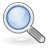 Pixelated magnifying glass icon with blue-tinted lens, gray handle, and white base on light gray background.