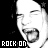 Black-and-white pixelated image of a person with mouth open and tongue out, two star symbols above head, 'ROCK ON' text at bottom.
