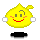 Yellow cartoon sun with smiling face, pink cheeks, and white ear-like shapes on sides; left side shows open eyes, right side shows closed eye with blue musical note above.