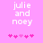 Pixelated text 'julie and noey' in white on pink background with five pink heart symbols below, showing animation change between frames.