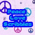 Pixelated icon with blue text reading "Peace Love Scambles" on a light purple background, surrounded by peace signs in various colors.