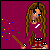 Pixel art animation of a girl with long brown hair holding a wand, casting colorful sparkles against a magenta background.