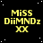 Yellow pixelated text 'Miss DiiMNDz XX' repeated in a on a black starry background with a gray rectangle in the bottom-right corner