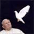 A pixelated image shows a light-skinned figure with a bald head and white clothing, positioned below a white dove in flight against a dark background.