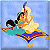 Pixelated image of two figures on a flying carpet against light blue background; one figure has dark hair and teal clothing, the other wears gold with purple accents.
