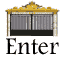 Animated sequence of a golden archway with gray curtains transitioning from closed to open states beneath the word 'Enter' on a gray background.