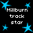 Static image with black background featuring multiple cyan stars and repeated white text "Millburn track star" in pixelated font.