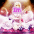 Anime-style character with blonde hair and white dress sits on a pink-and-purple cloud-like background, holding changing text signs.