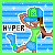 Pixel art buddy icon featuring a cartoon character in green and blue attire against a striped background with white stars, displayed as two sequential animation frames showing slight pose differences.